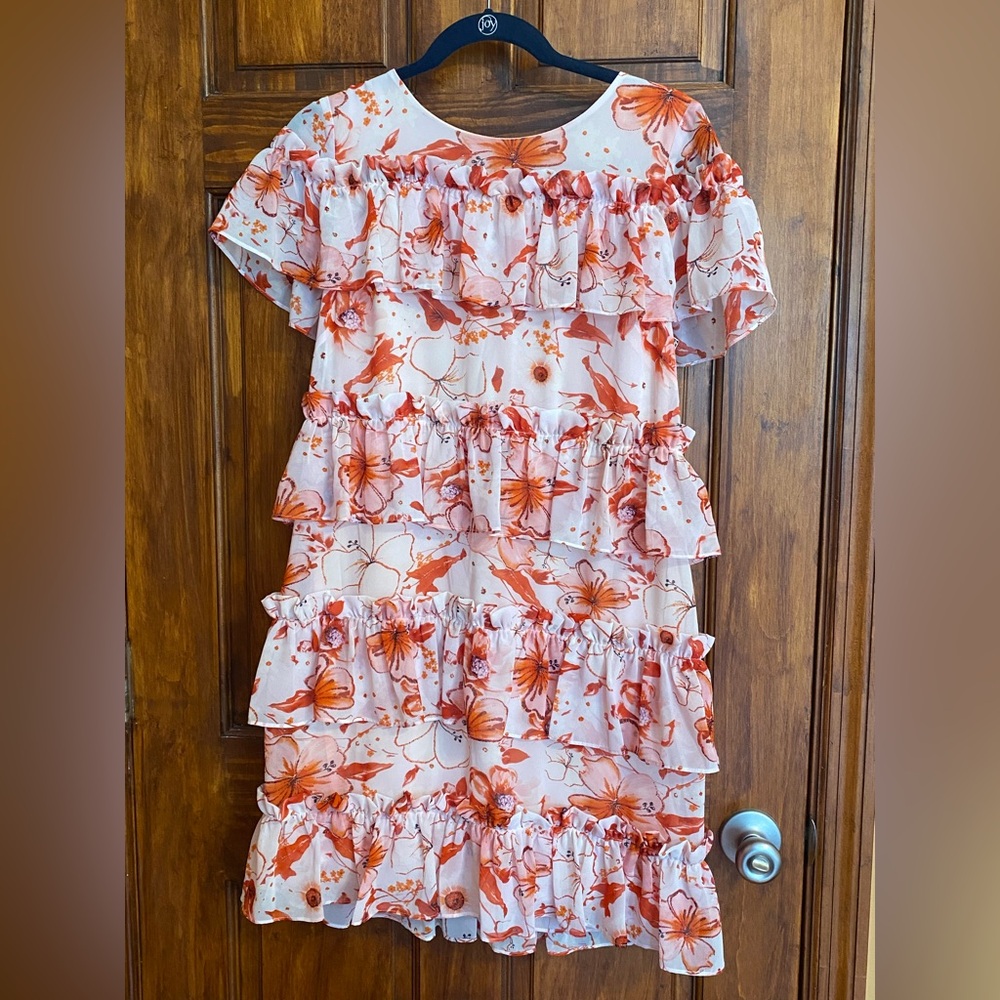 Badgley Mischka Cocktail Dress with Pink Floral Ruffle Tiers